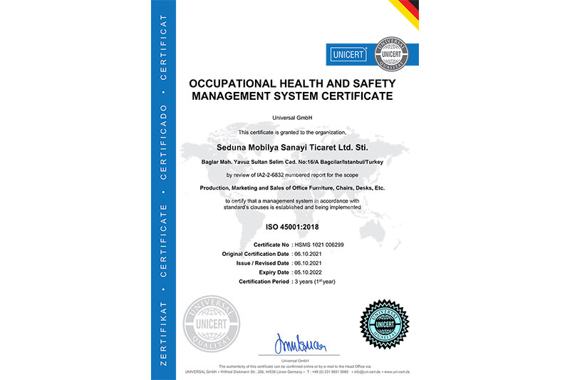 EN ISO 45001 Occupational Health and Safety Management System Certificate